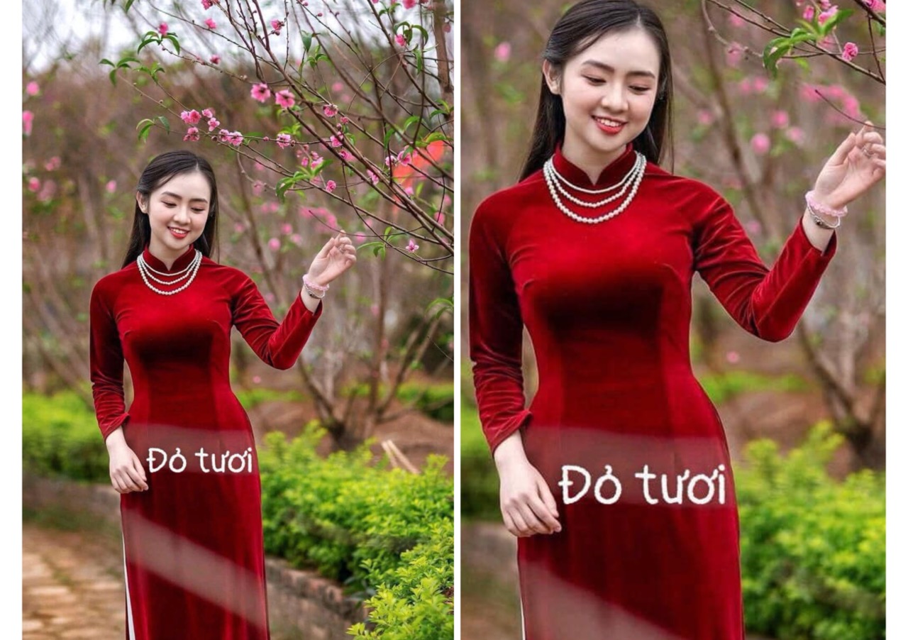 Áo dài truyển thống vải nhung màu đỏ tươi